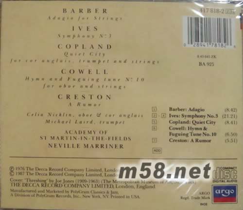 演奏科普蘭(在金黃的麥田上叉草)BARBER ADAGIO FOR STRINGS專輯背面圖片