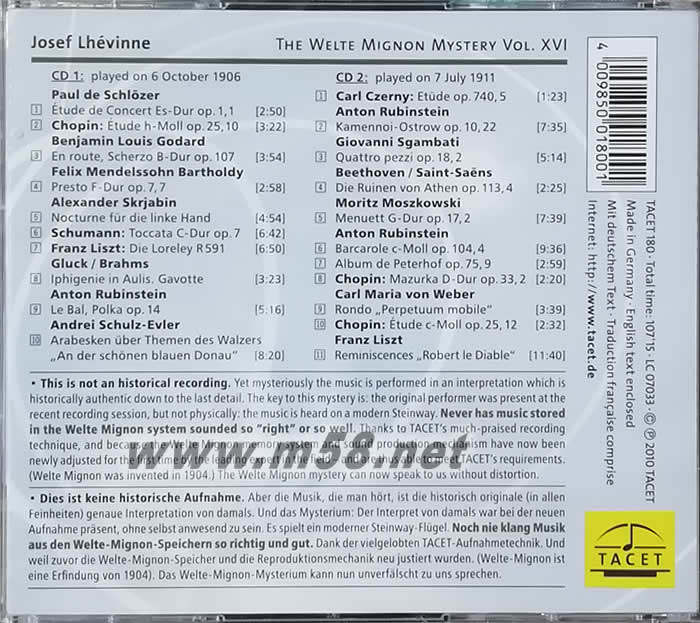 偉大鋼琴家Josef Lhevinne - 鋼琴經典 雙CD專輯背面圖片