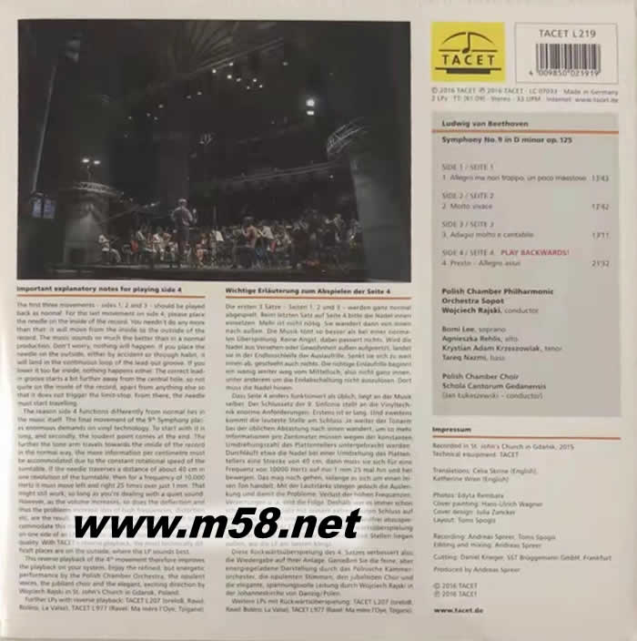 貝多芬第9號交響曲 Beethoven Symphonies No.9 in D minor op. 125 180g 33RPM LP 黑膠專輯背面圖片