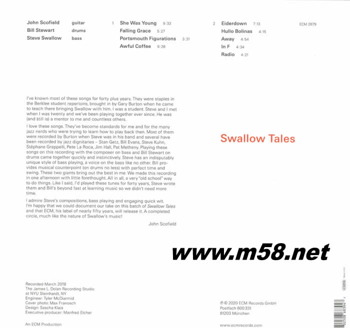 燕子故事 SWALLOW TALES JOHN SCOFIELD, STEVE SWALLOW, BILL STEWART FEATURED ARTISTS (爵士吉它三重奏 吉它、貝斯、鼓) 黑膠專輯背面圖片