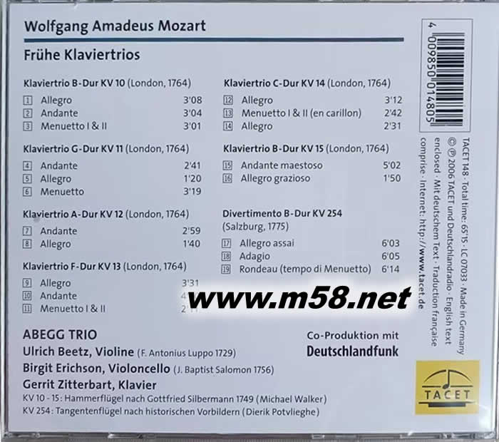 MOZART KLAVIERTRIOS KV 10-15 DIVERTIMENTO KV 254 三重奏專輯背面圖片